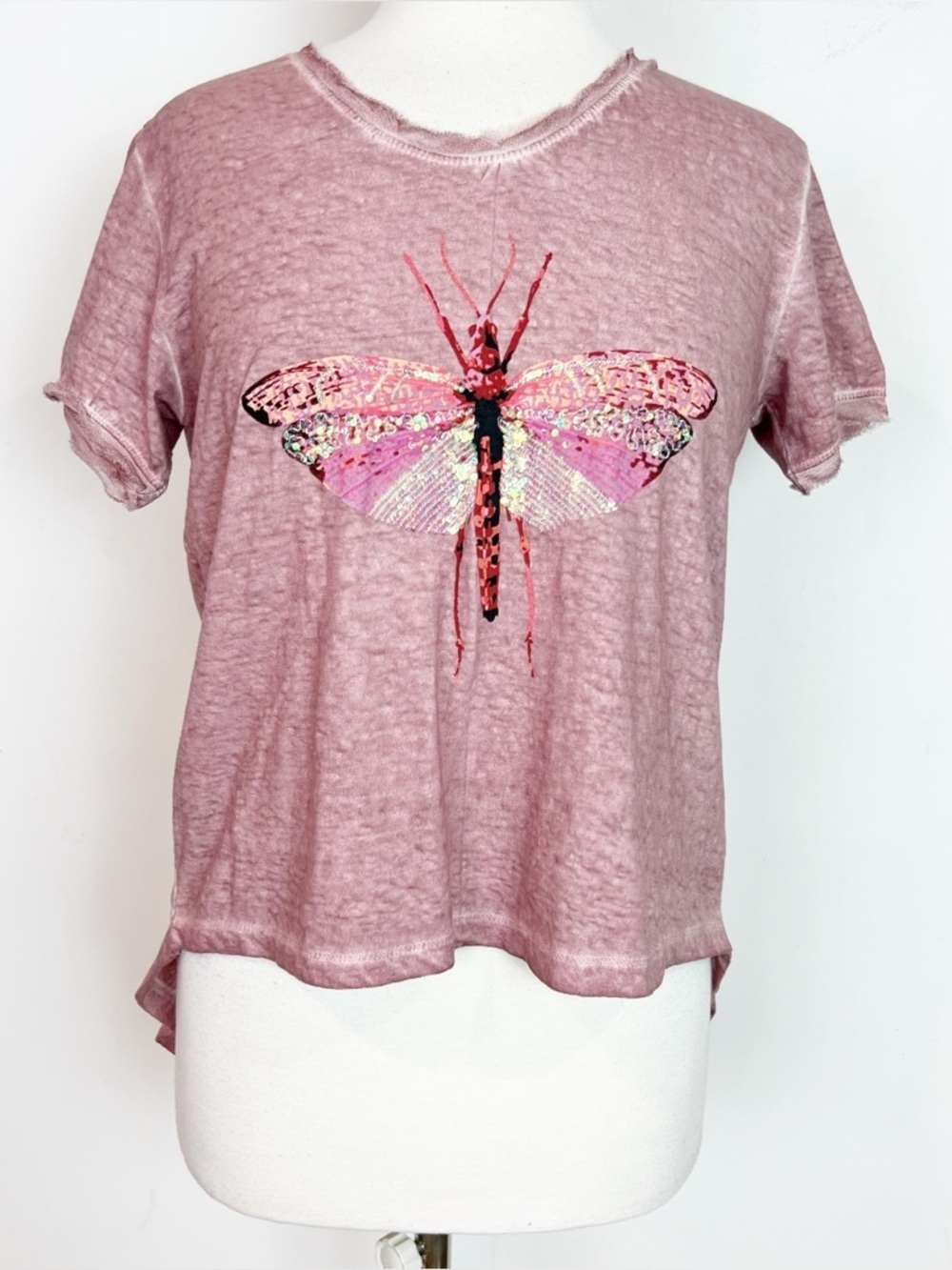 RUBY YAYA PINK RAW EDGE HI LOW HEM SEQUIN BUTTERFLY GRAPHIC T-SHIRT SZ SMALL